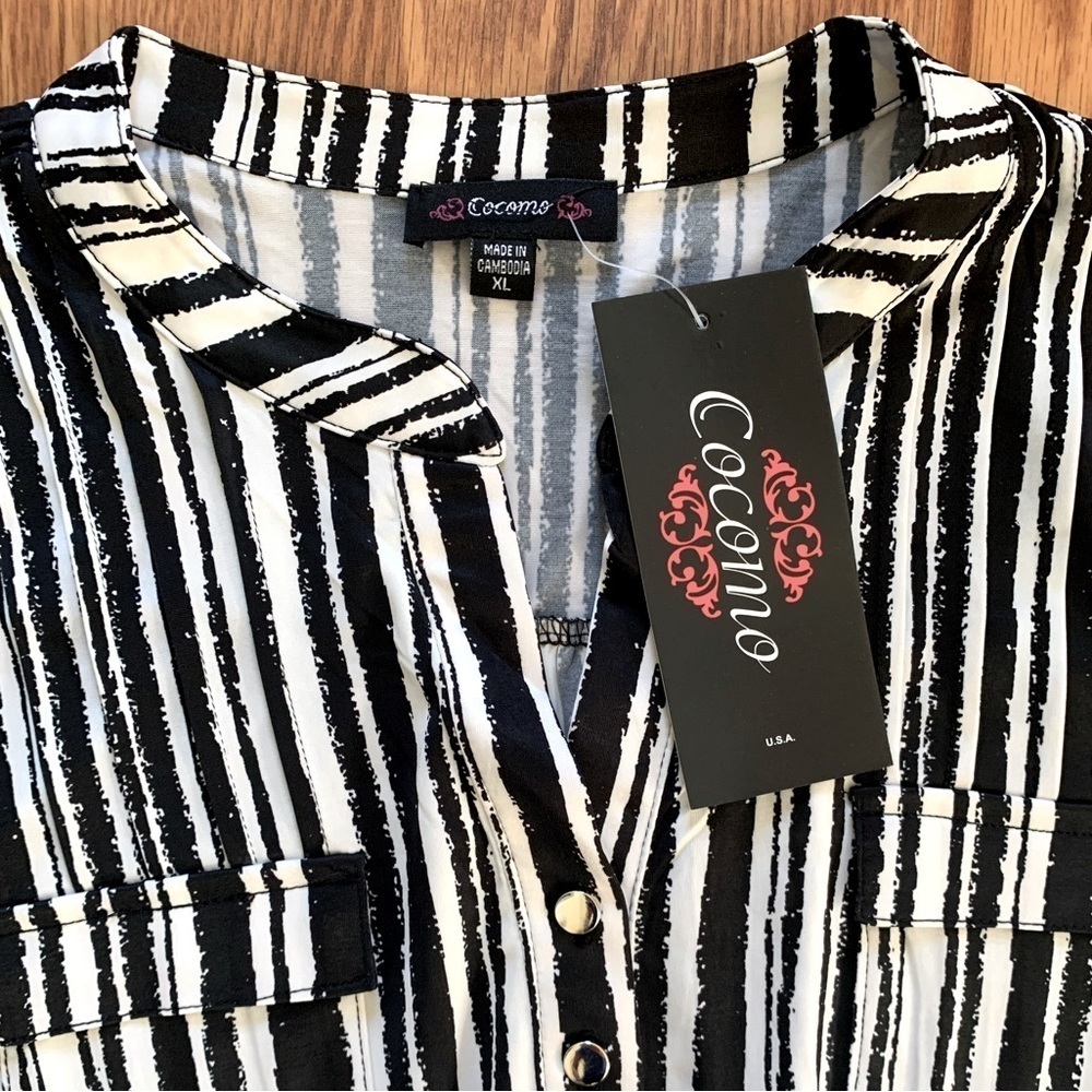 COCOMO XL White Black 3/4 sleeve women’s Pintuck Blouse tunic top shirt - Picture 8 of 12